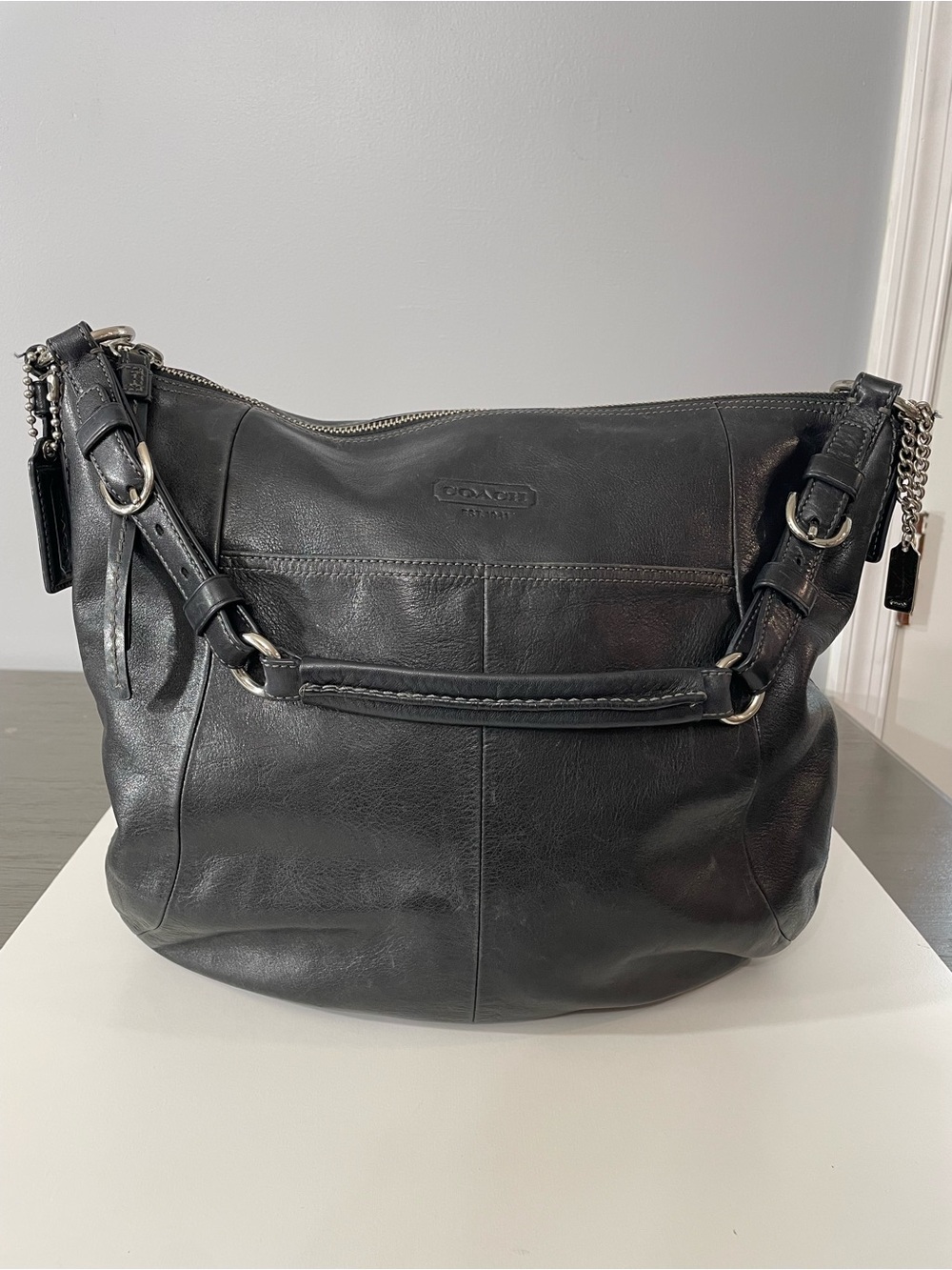 Coach Black Leather Shoulder Hobo Bag with Silver Hardware